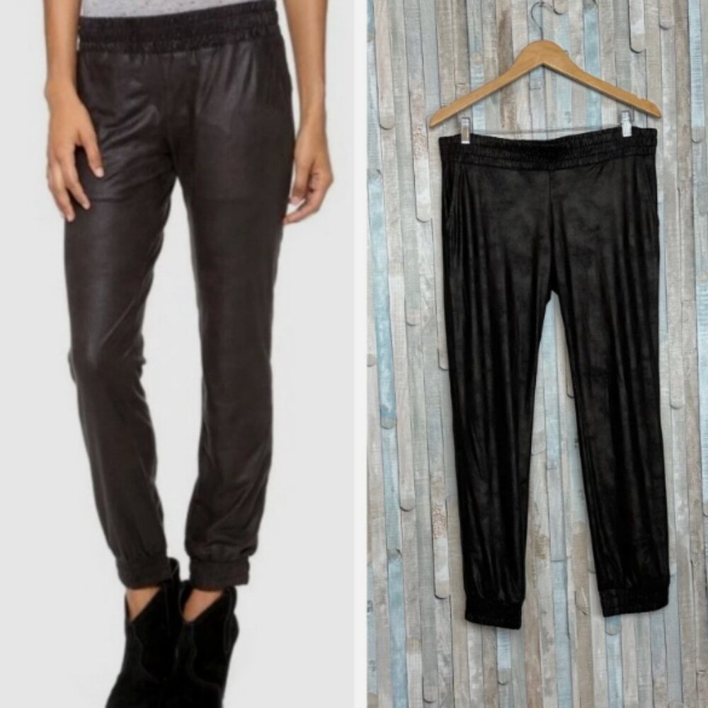 monrow black gold crackled faux vegan leather jogger pants pull-on elastic XS